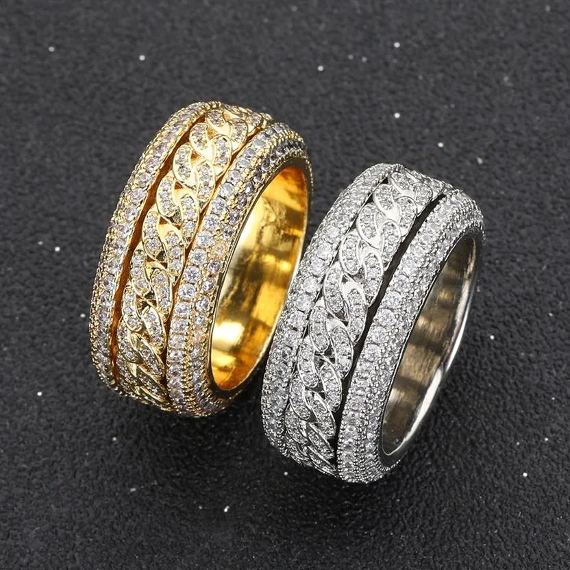 Hip-hop With Side Stones copper inlaid zircon rotatable Cuban ring real gold electroplating hiphopRing ring jewelry3127