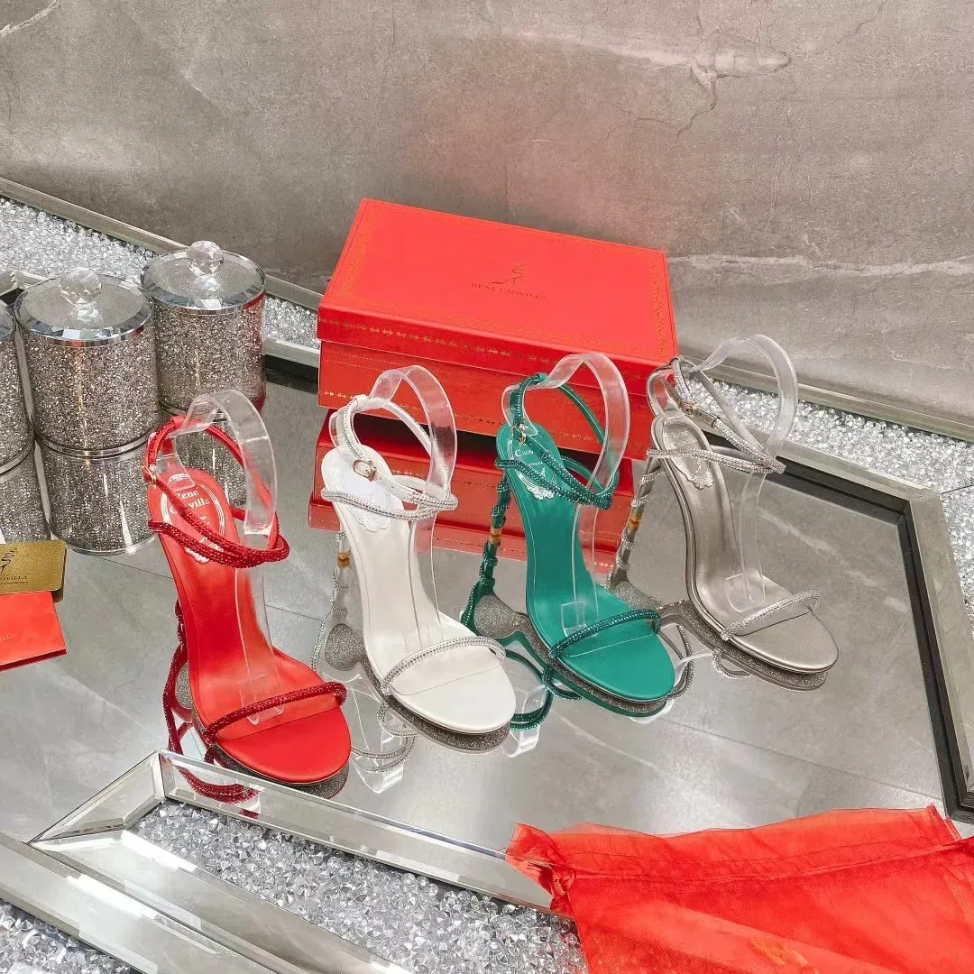 Renecavilla Sandaler Kvinnor Margot Utsmyckade designers Ankel Wraparound Women High Heeled Sandal Evening Shoes With Box Luxury Wraaround Snake Strass Stiletto