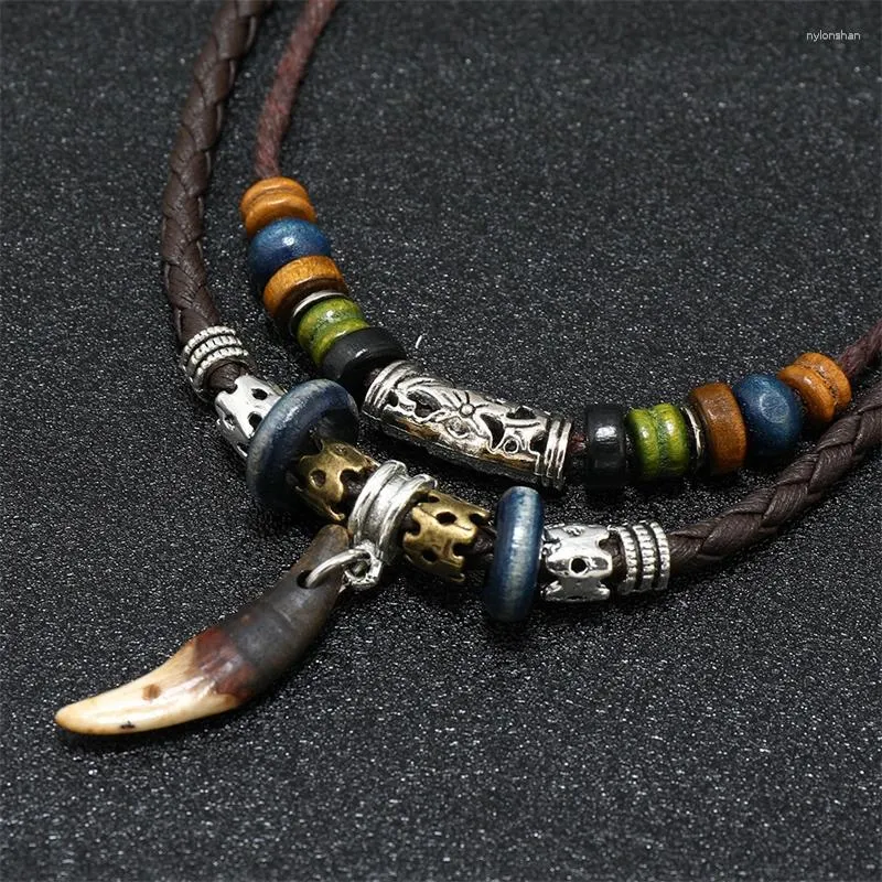 Pendant Necklaces Men's Bohemian Wolf Teeth Necklace Fashion Retro Design Handwoven Leather Cross Beaded Rope