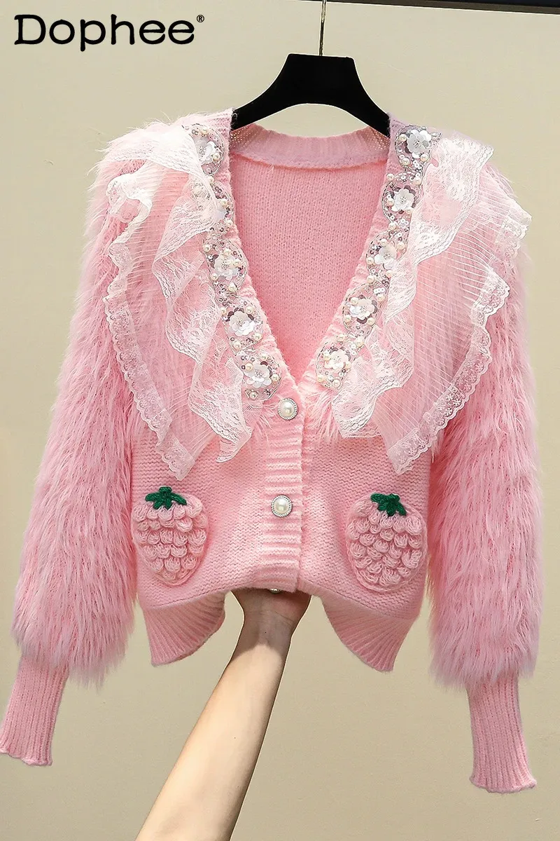 French Style Flower Heavy Industry Beads Ruffled Pink Sweater Women's Autumn Winter High Sense Long Sleeve Knitted Cardigan 231221