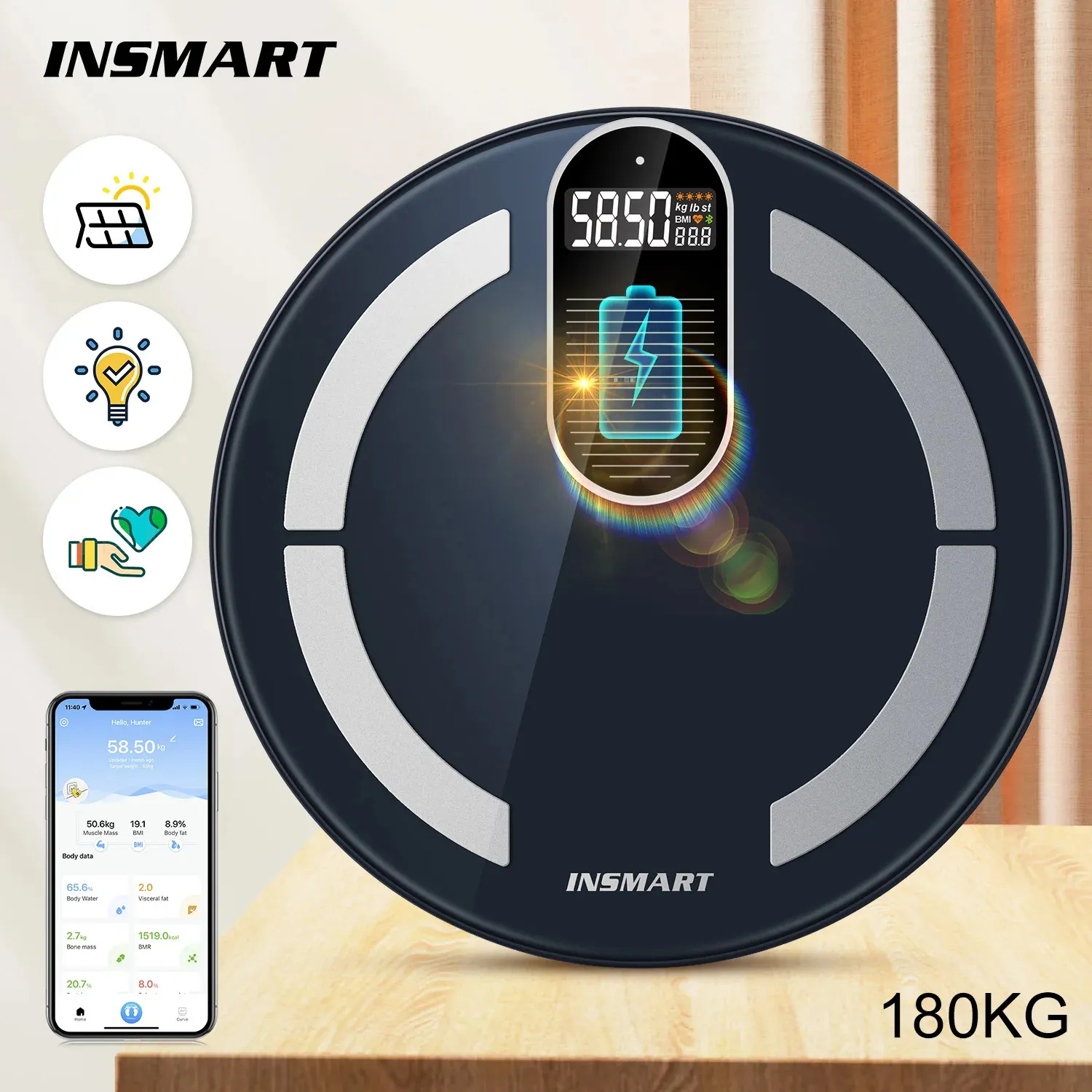 Insmart Body Digital Weight Scale d'énergie de lumière solaire Charge Smart Balance BioImpédance Fat Salle de salle de bain Échelles BMI 231221