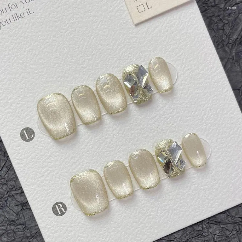 Falska naglar handgjorda kortpressar på koreansk kattögon söt strass design återanvändbar falska fullt omslag nagelspetsar nagelvärld butik