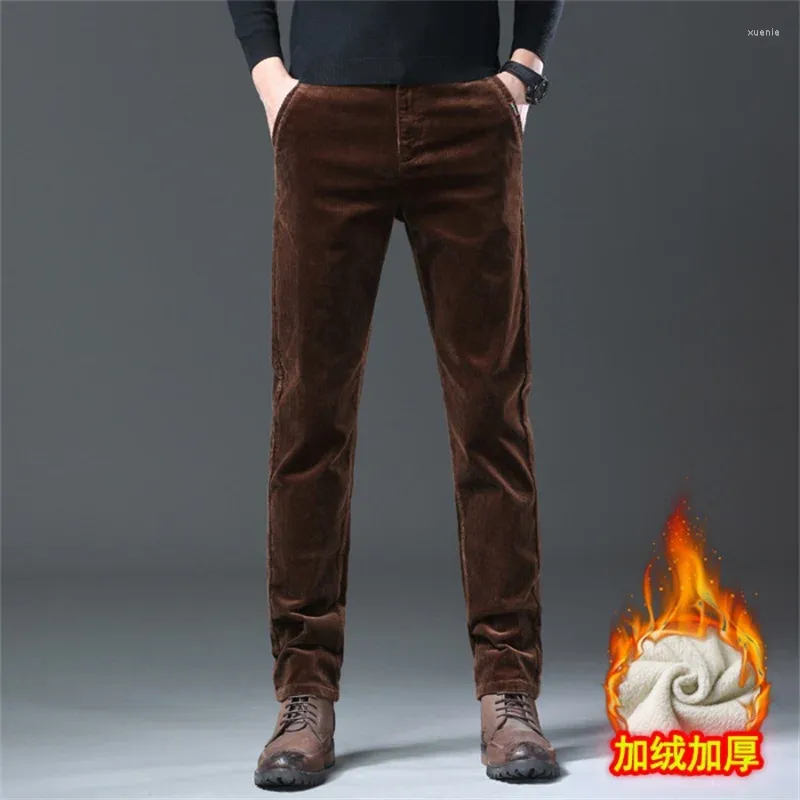 Pantalones para hombres 2023 otoño/invierno asciende medio tubo recto plush pana tibia casual con ajuste delgado elástico