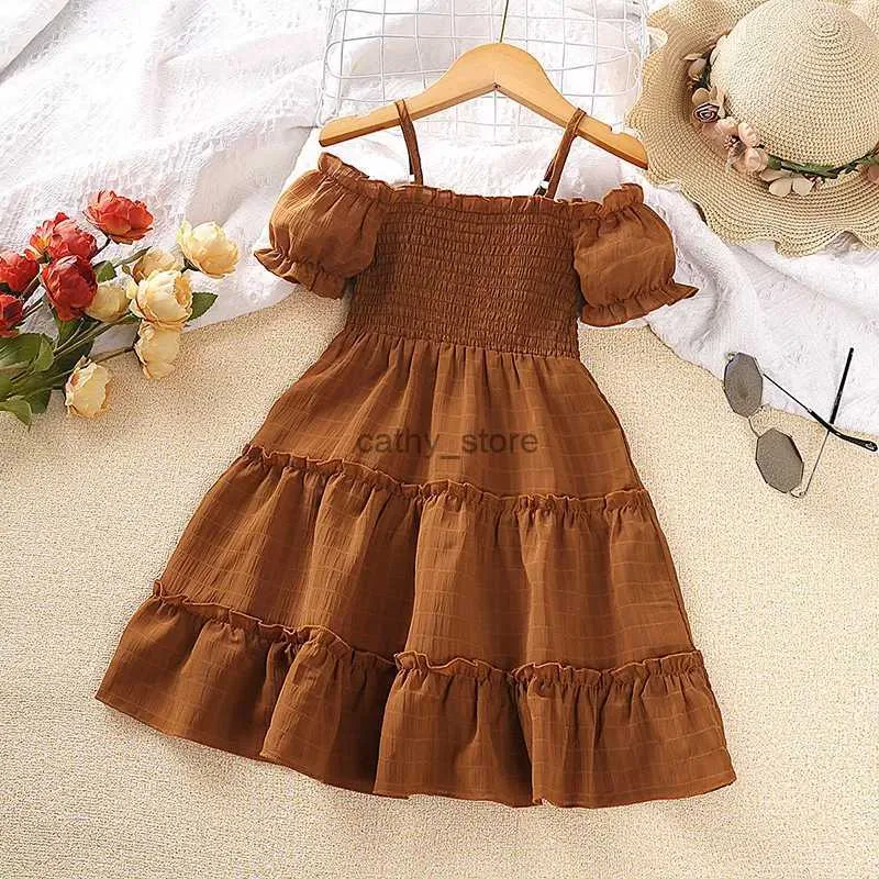 Girl's Dresses 2023 New Kids Dress For Girls 4-7 Years Brown Strap Off Shoulder Short Sleeved Dress Casual Style Vacation Holiday ClothesL231222