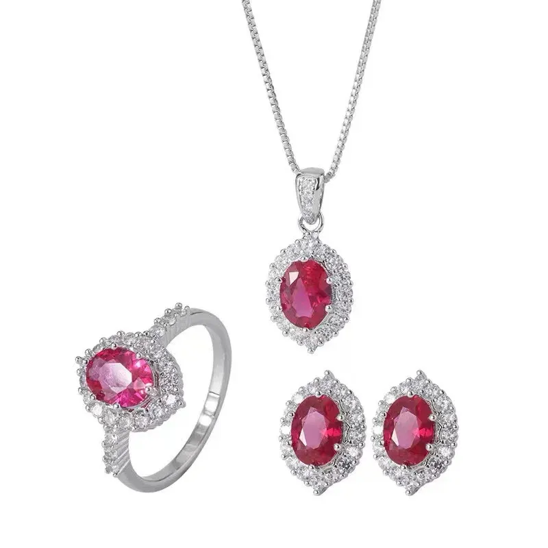 Lovers Royal Ruby Diamond Jewelry Set 925 Sterling Silver Wedding Ringörhängen Halsband för kvinnor Bridal Engagement Smycken 231221