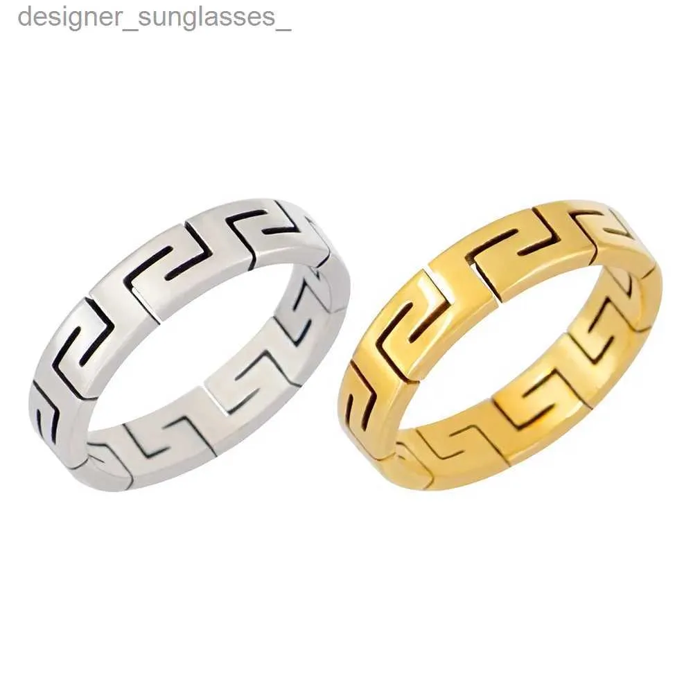 Band Rings Stainless Steel Men Rings 4mm Colorfast Gold Plated Great Wall Pattern Fashion Jewelry Ring For Women Valentine's Day GiftL231222