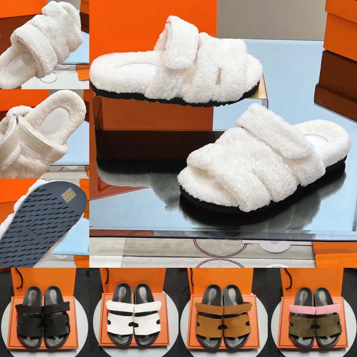 Sandales de pantoufles de créateurs sandales en cuir chypre en été et hiver des pantoufles en peluche avec des boîtes en noir et blanc couleurs douces