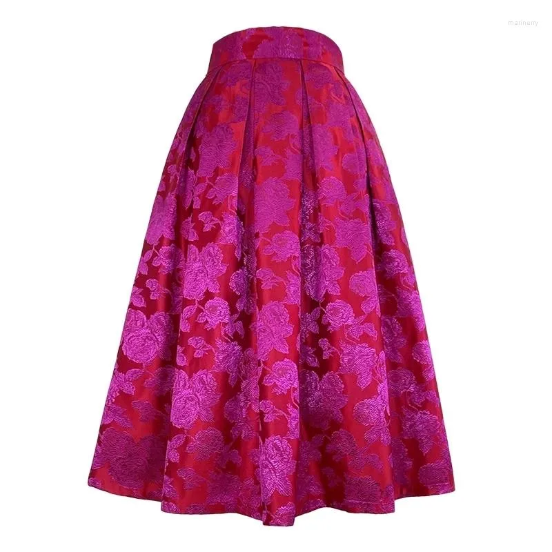 Kjolar 2023 Autumn Winter Elegant Woman Vintage Retro High midja Satin Floral präglad rosröd kjol för festårsfestival