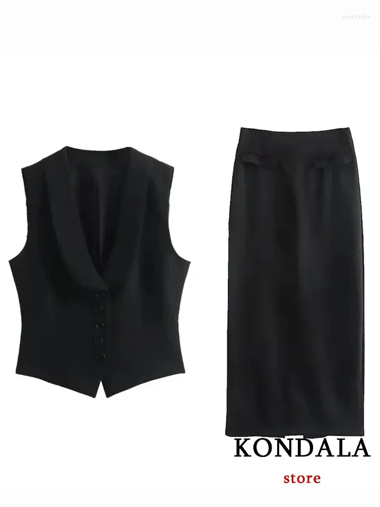 Рабочие платья Kondala Chic Solid Black Office Lady Women Suits Костюмы без рукавов пуговица жилет пиджак длинная оболочка на молнии