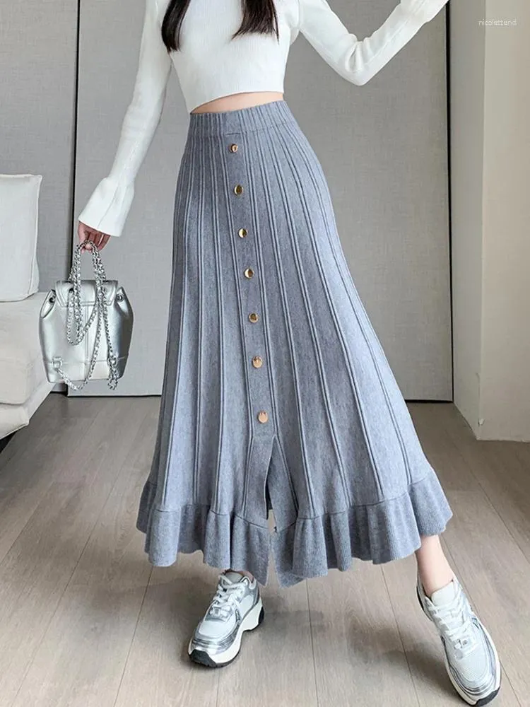 Jupes tigena jupe longue tricotée chaude pour femmes 2023 automne hiver élégant simple poitrine plissée volants hauts maxi femelle