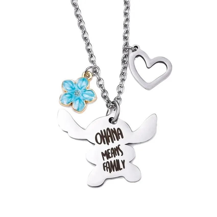 Colliers de pendentif Collier de point d'anime harong ohana signifie caricature familiale Blue Crystal Heart Bijoux pour garçons Girls209n