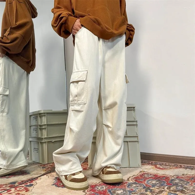 Mäns jeans ris vit last lapptäcke raka casual byxor män muti-pockets streetwear mode par lösa byxor