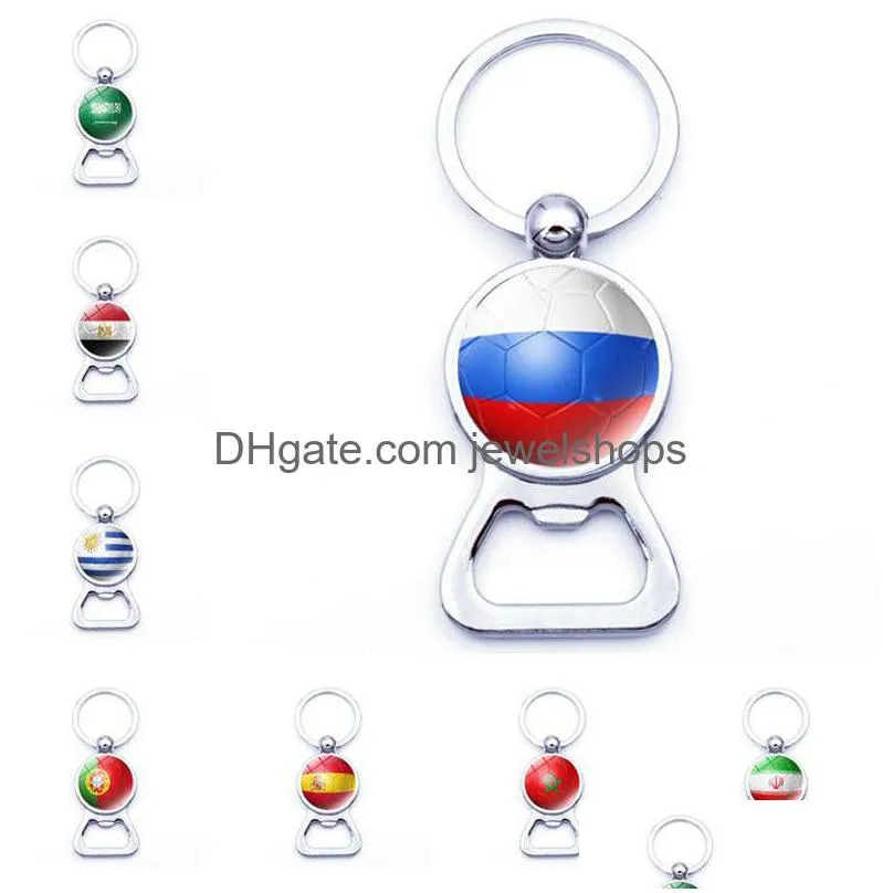 Key Rings Bottle Bottle abridor de futebol Key Chains com bandeiras de campo Keyrings Cerveja lembrança Espanha Rússia Alemanha Fãs Keychains Jewe Dhbaz