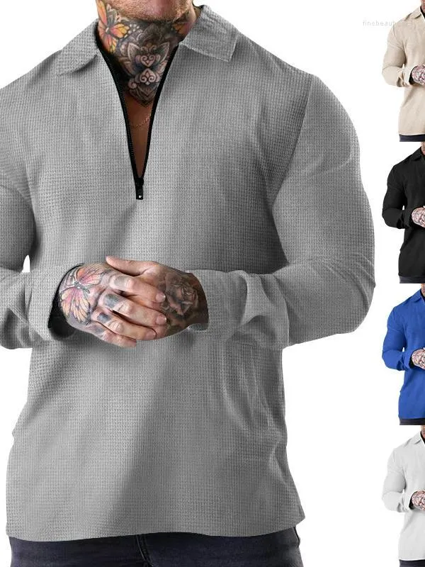 T-shirts pour hommes plus Waffle V couche à manches longues T-shirt décontracté Polo