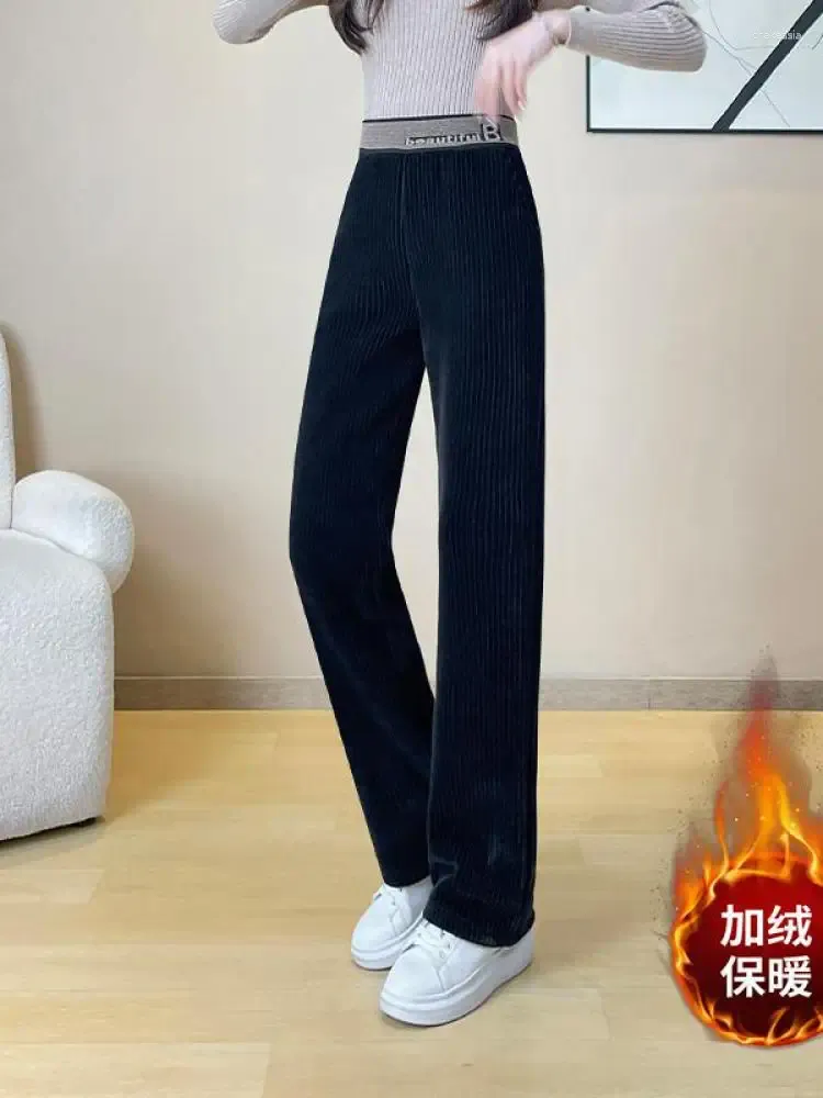 Calça feminina Mulheres Mulheres aquecedas de inverno de inverno grossa perna larga largo marrom marrom calças retas cintura alta fêmea solta feminina superdimensionada