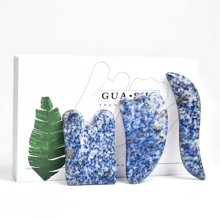 Jade Gua Sha Facial Tools Set Beauty Natural Blue Spot Jasper Guasha Stone for Body Face Neck and Eye Skin Care Gift for Woman