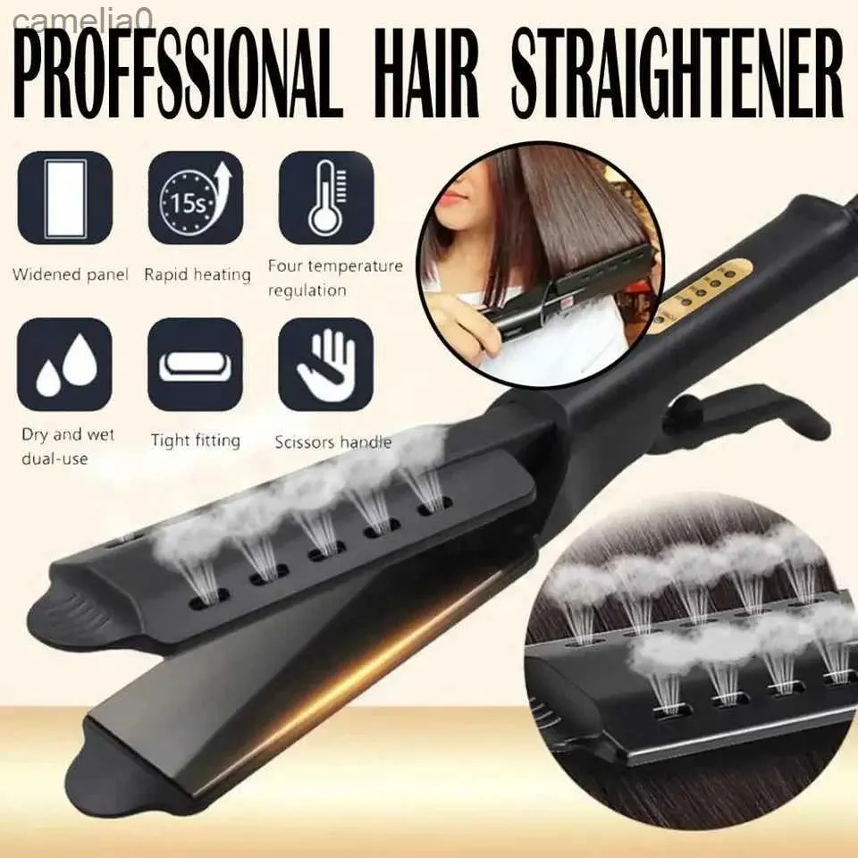 Hair Curlers Straighteners Wide Plate Ionic Flat Iron Hair Straightener Gray High Tech Professional Steam Hair Straightener Adjustable Temperature 4 GearL231222