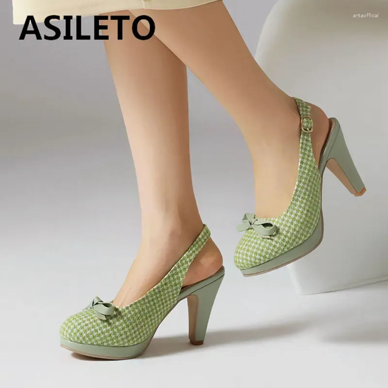 Платье обуви Asileto Sweet Women Women Tucks Toe High Heels 9 см. Платформа Back Buckle Bound Bowknot Plus 46 47 48 знакомства в клетку