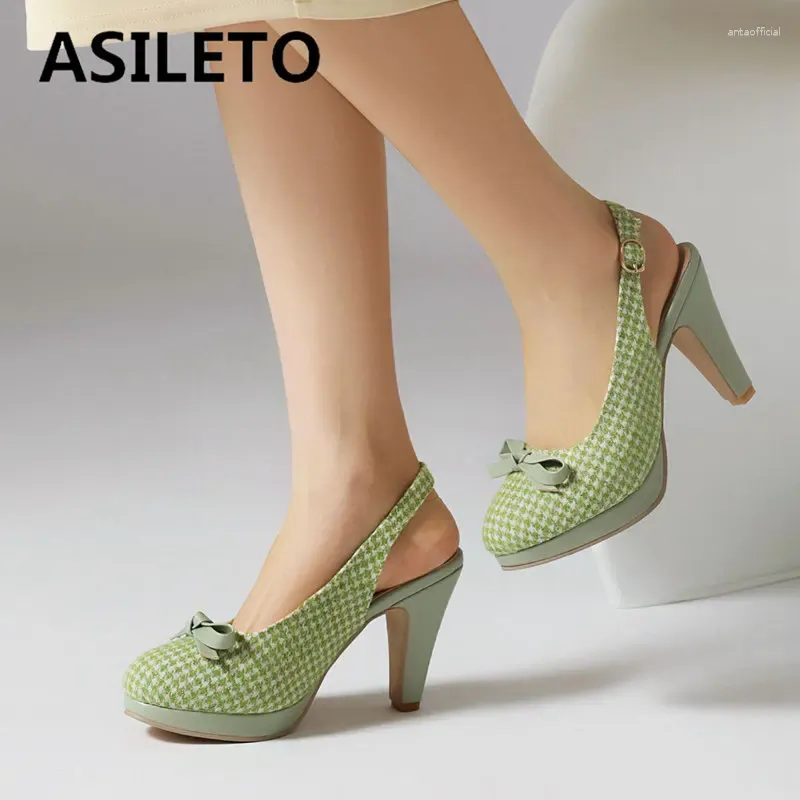 Dress Shoes ASILETO Sweet Women Pumps Round Toe High Heels 9cm Platform Back Buckle Strap Bowknot Plus Size 46 47 48 Plaid Dating