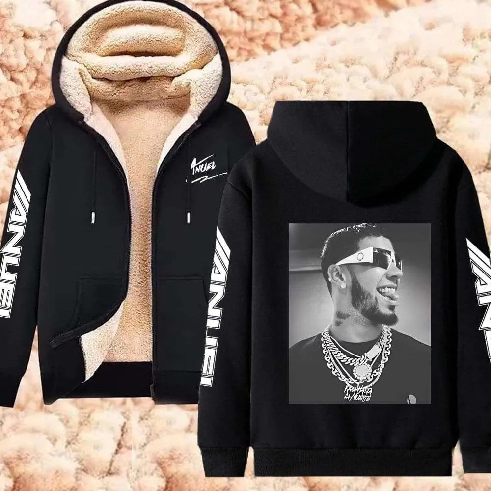 Anuel aa tryckta hoodies real hasta la muerte casual dragkedja jackor tjockare lambool män kvinnor kläder överdimensionerade y2k kläder