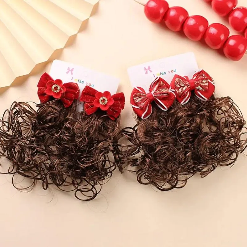 Hair Accessories Chinese Style Children Wig Curly Hairpin Hanfu Headdress Year Barrettes Princess Red Bow Clip Girls