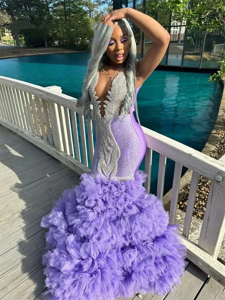 Aftonlila ren nacke för svarta flickor 2024 Beaded Crystal Birthday Party -klänningar Ruffles Long Prom Dresses Mermaid Robe de Bal