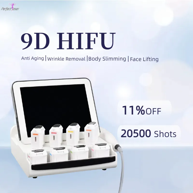 8 Cartridges 9D HIFU Machine Face Tifting Anti-verouderingsapparatuur Hoge intensiteitsgerichte ultrasone rimpelverwijderingsapparaat Gratis verzending