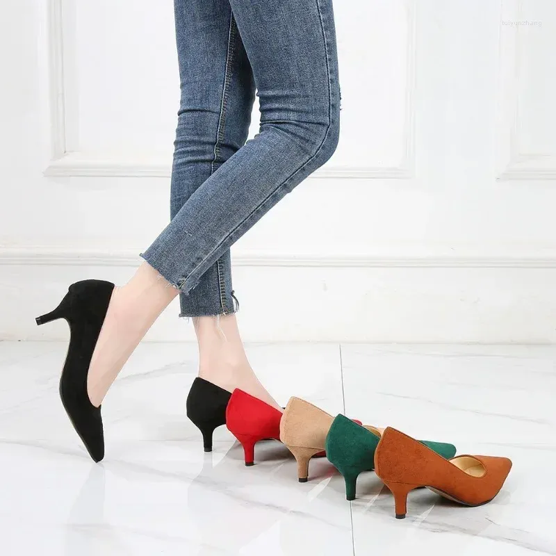 Dress Shoes 2024 Low Heel Pumps Lady Pointed Toe Kitten Heels Female Green Flock Plus Size 43 44 45 46 Red Women 5cm High