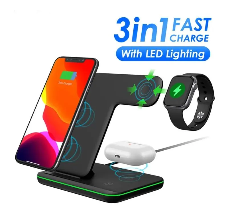 Laddare 15W Fast Wireless Charger Stand för iPhone 14 13 12 11 XS XR X 8 3 I 1 Laddningsdockstation för Apple Watch 8 7 SE AirPods Pro