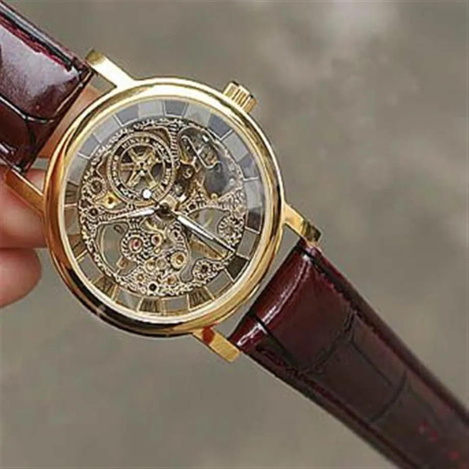 オリジナルブランドの勝者ゴールドファッションカジュアルステンレスメンズメカニカルウォッチスケルトンハンドウィンドウォッチメン用革張りの腕時計TR271R