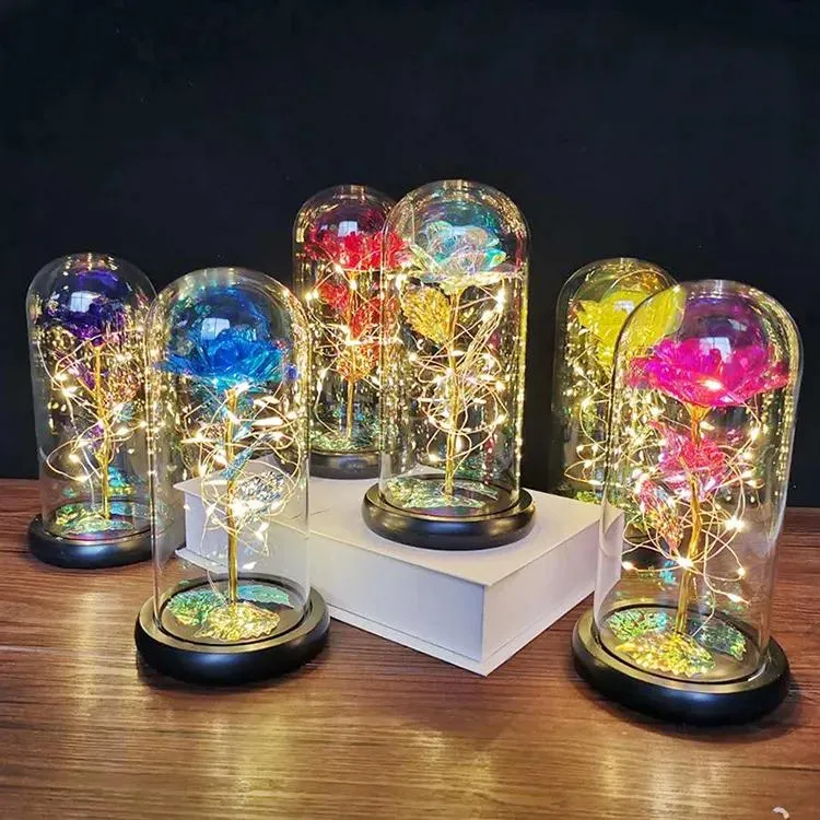 Gunst Kerst gunst Goudfolie roos bloem glazen deksel led lamp simulatie kleur aurum bloei 24K Valentijnsdag cadeau decoratie orname