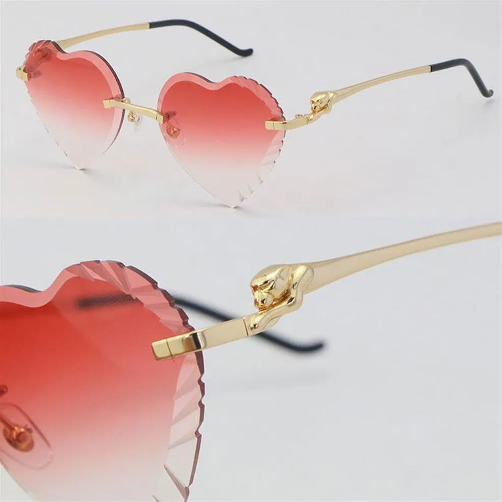 Nieuw model hartvorm gezicht randloze metalen zonnebrillen vrouwen cheetah serie diamantgesneden lens buitenshuis rijden rode lenzen glazen desi155v