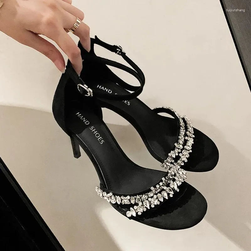 Scarpe vestiti neri dolci eleganti principessa sandali di rinestone sandali vera pelle bling cristallo tacchi tacchi sottili a punta