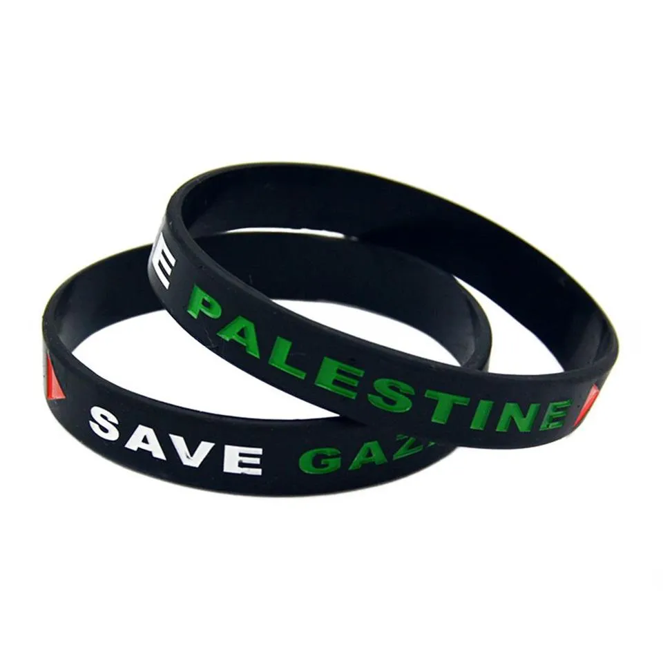 100 stcs Palestina Save Gaza Siliconen Rubber Bracelet Debossed Triangle Logo Zwart -en Witte volwassen Size245V