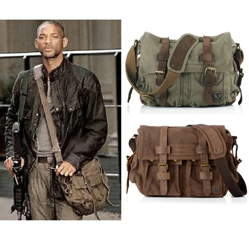 Je suis légende Will Smith Military Canvas Great Leather Men Messen Messen Messager Bag Toile Sac Men de crossbody Sac Sling Casual Sac 231221