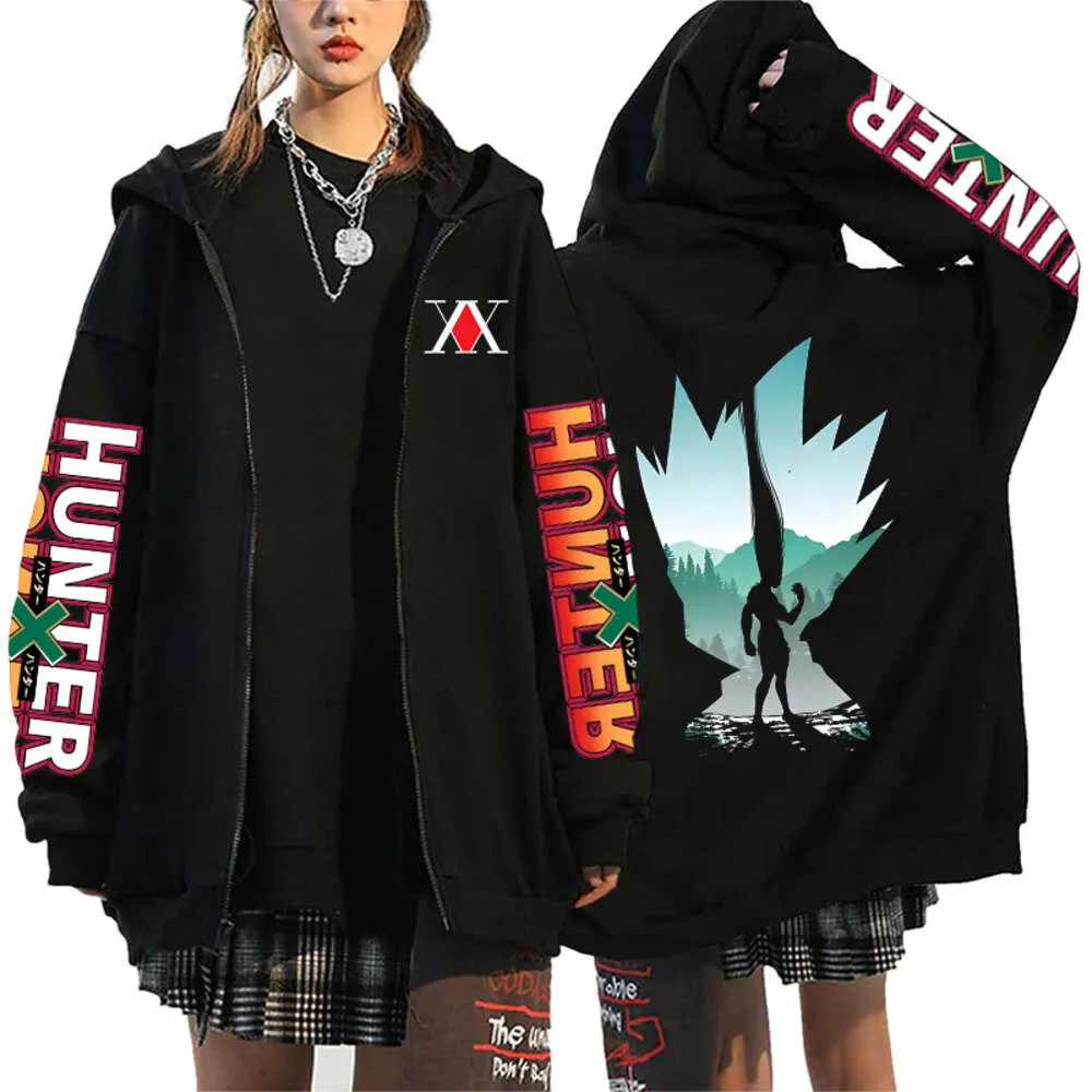 Anime X Hunter Hoodies Men Women Fashion Zip Up Jackets Casual Y2K Streetwear Haruku Gon Killua Print Sweatshirt Coats