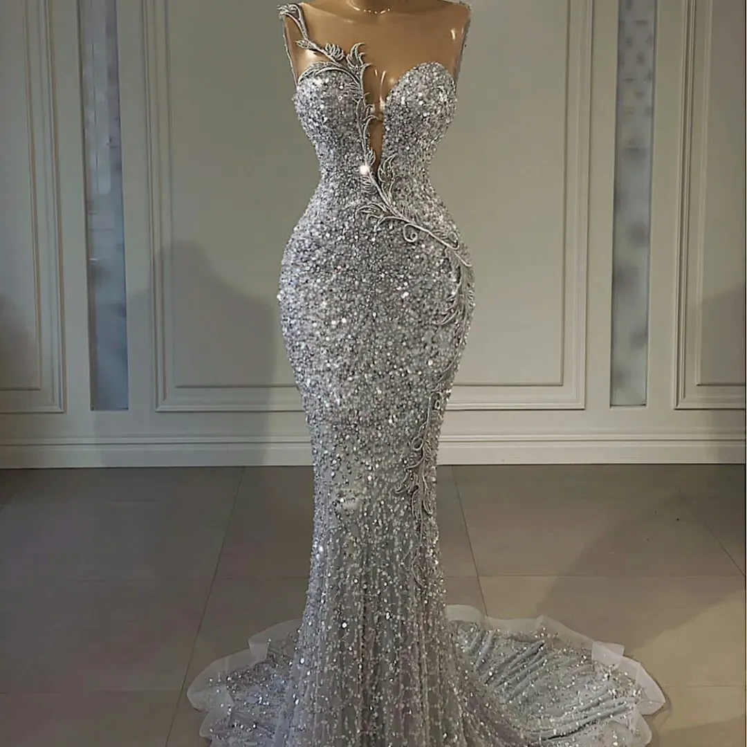 Luxury Silver Crystal Evening Dress Lace Beaded Mermaid Prom Gowns Sheer Neck Elegant vestido de