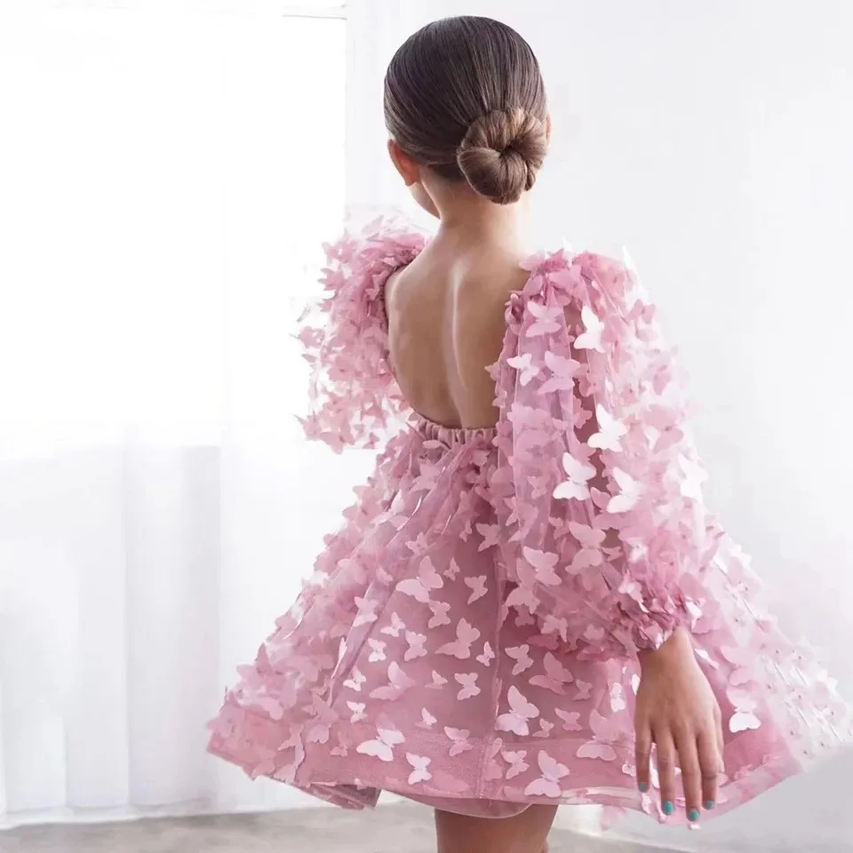 Piękne różowe puszyste rękawy Flower Girl Sukienka na wesele 2024 Aplikacje 3D Butterfly Backless Birthday Pierwsza suknia komunia