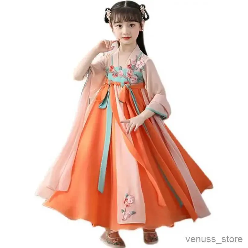 Girl's Dresses New Chinese Hanfu Dress Summer Girls Imitate Tang Song Dynasties Casual Dress