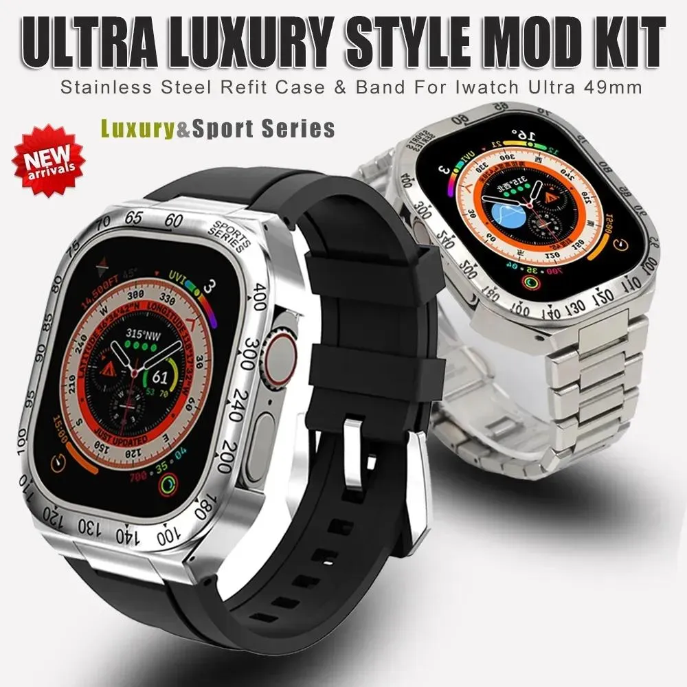الأشرطة 2 في 1 تجديد Mod Kit Metal Case for Apple Watch Band Ultra 49mm Modification Stainless Strap Iswatch Series 8 Sport Correas