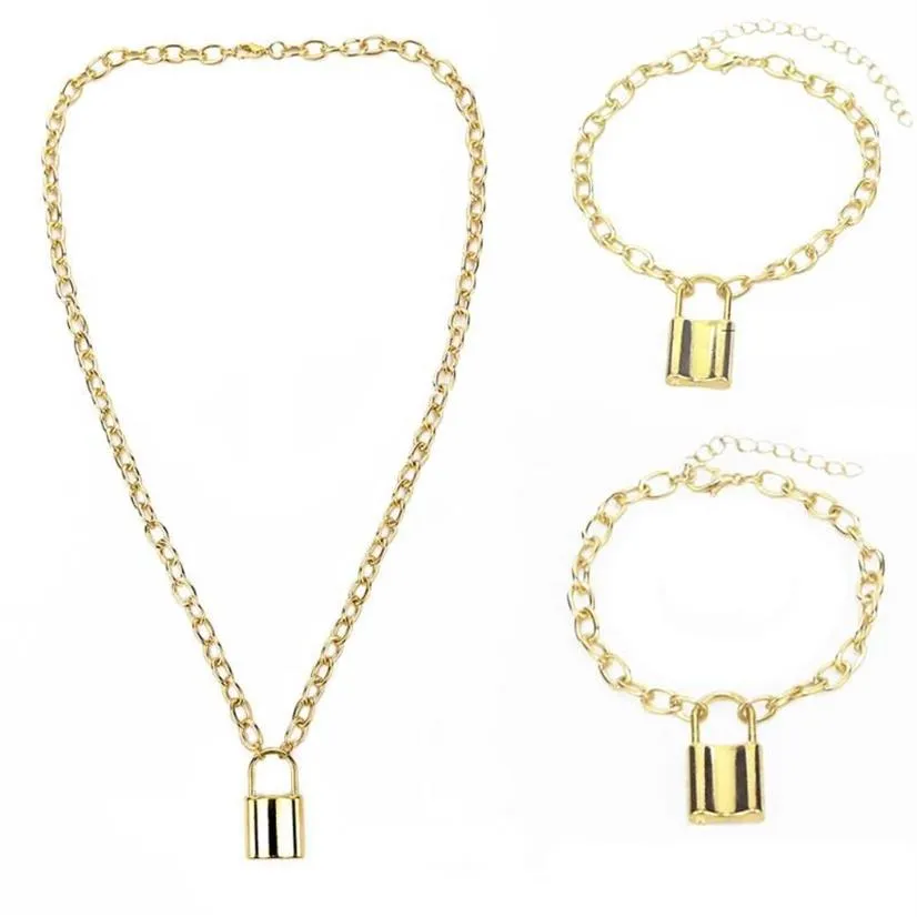 Colar de três peças de trava de trava punk 90s link color dourado pendente de cadeado de moda feminina de jóias góticas de jóias2551
