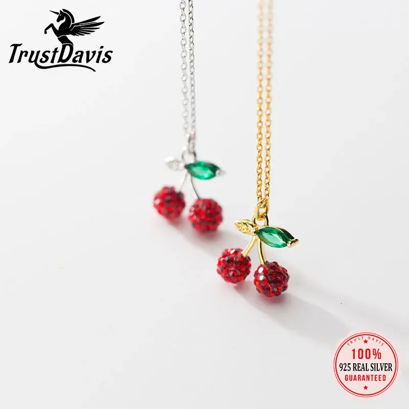 Chokers TrustDavis Real 925 Sterling Silver Fashion Sweet Fruit Cherry Pendant Short Necklace For Women Wedding Party Fine Jewelry DB975 231222