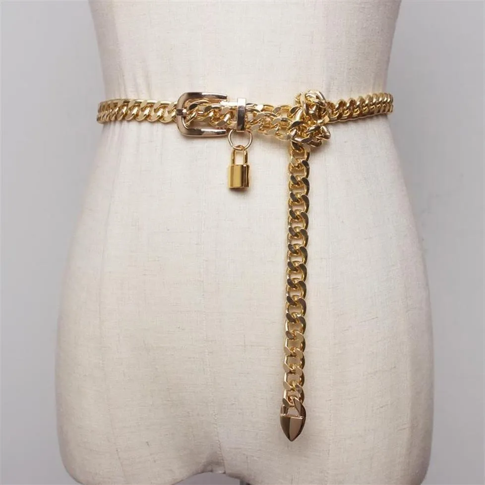 Gold Chain Belt Lock Metal Belts For Women Cuban Key Chains Silver Punks Dress Waistband Long Ketting Riem Cummerbunds270Q