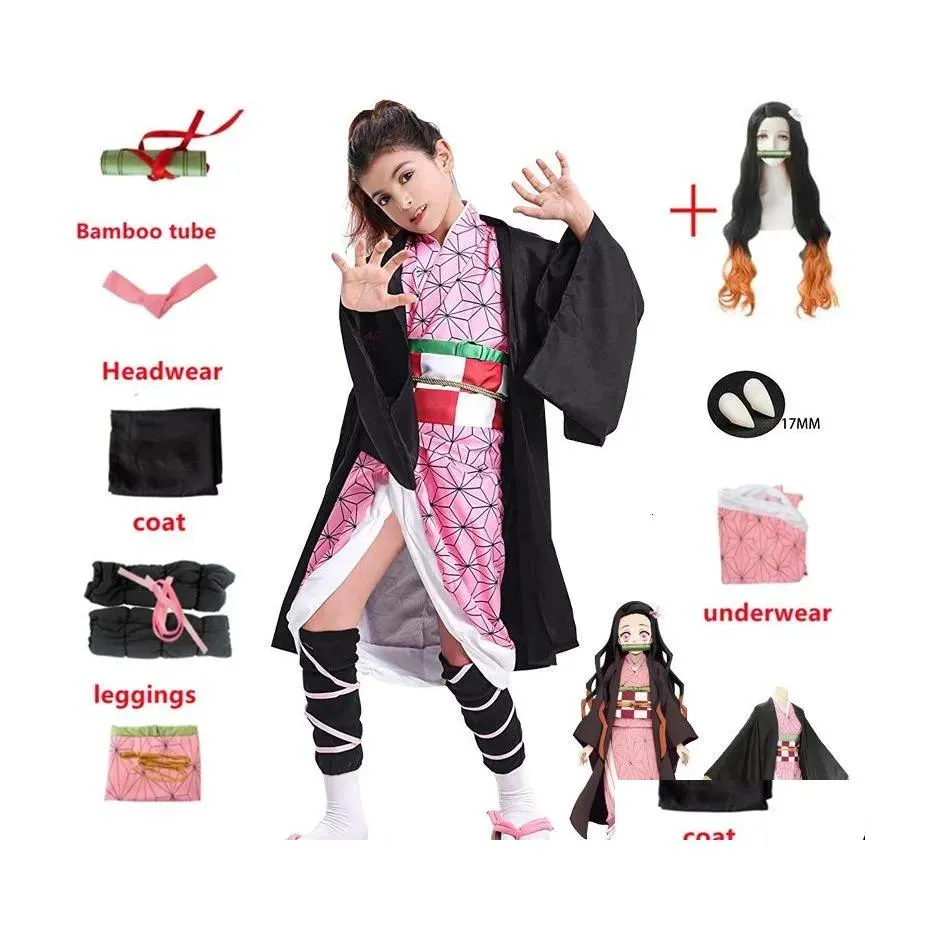 Odzież kreskówka odzież Kamado Nezuko Cosplay Cosplay Demon Slayer Mundur Ubrania Kimono Parging Props Ustaw Halloween dla dzieci Adt Drop Deliv