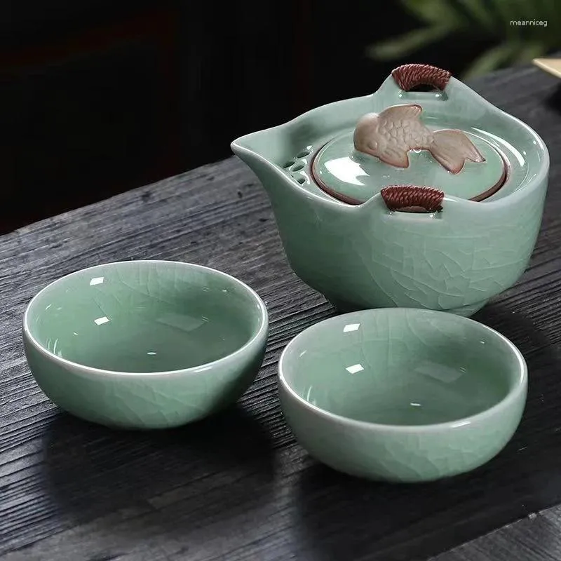 Teaware Sets Portable Ge Kiln Ceramic Travel Tea Set 1 Teapot 2 Teacup Car Mounted Gaiwan Cups And Mugs Yixing Kettle Cute Cup Pot