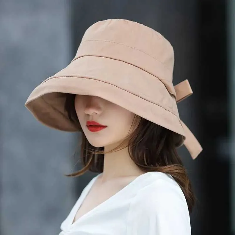 Wide Brim Hats Bucket Hats Panama Lovely Summer Black Bow Bucket Hat Women  Fashion Korea Bob Cotton Sun Hat Fishing Caps For LadyL231221