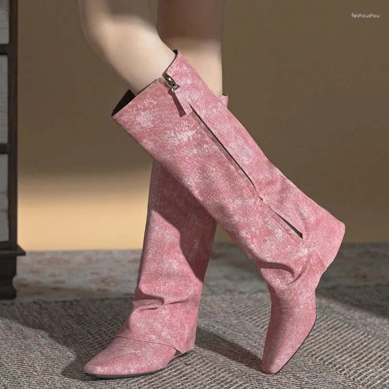 Laarzen herfst/winter ridder puntige platte cowboy windbroek roze hoge kinderen trend comfortabele schoenen voor vrouwen