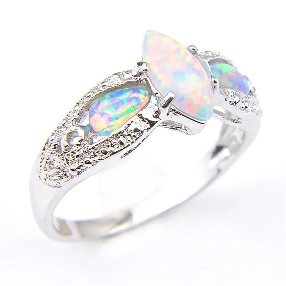 New6 PCS Lot Holiday Gift المجوهرات الفريدة البيضاء Opal Gems Russia 925 Sterling Silver Plated Opal for Women Wedding Party Ring245a
