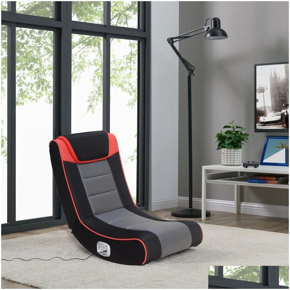 X Rocker Graphite 2 Bluetooth Wireless Foldable Rocking Video Gaming Floor Chair with 2 Speakers, Black Red and Grey