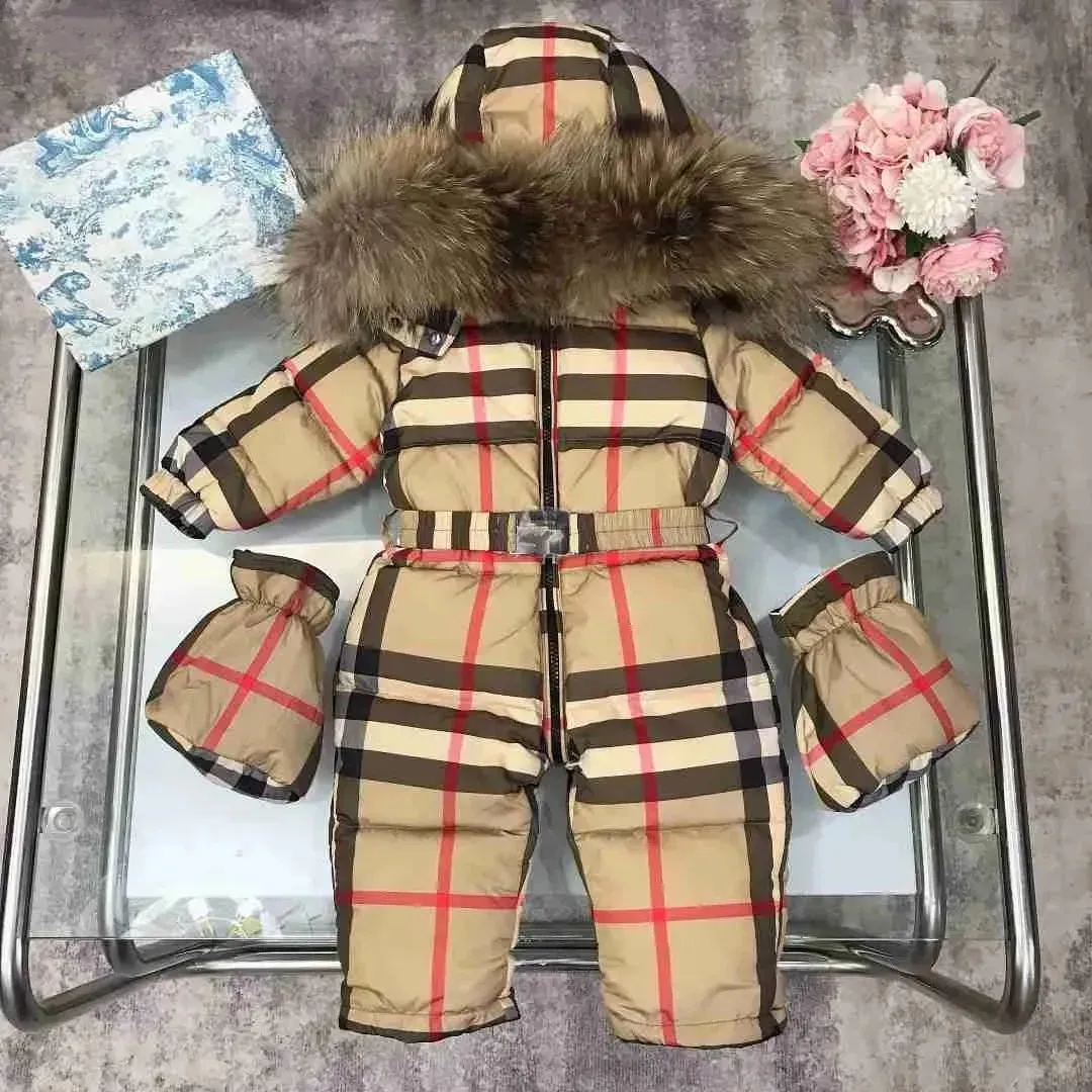 toddler designer clothes baby Down jumpsuit Checkered printing kids Winter clothing Size 75-110 boy and girl overcoat Warm gloves designer baby clothes